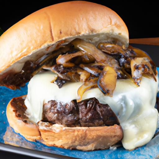 A gourmet cheeseburger topped with caramelized onions, sautéed mushrooms, and blue cheese crumbles on a brioche bun