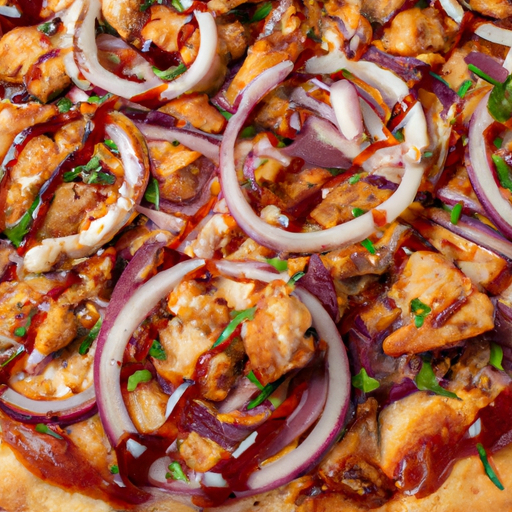 A flavorful BBQ Chicken Pizza with BBQ sauce, chicken, red onions, and cilantro