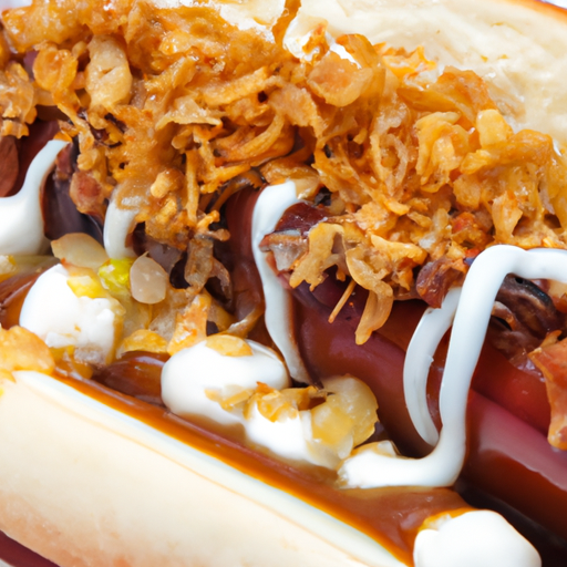 A mouthwatering BBQ bacon ranch hotdog with crispy bacon and fried onions